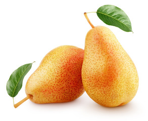 Two ripe red yellow pear fruits with green leaves isolated on white background © Roman Samokhin