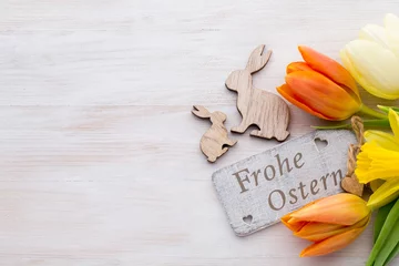 Zelfklevend Fotobehang Easter and spring decoration, flowers and eggs. © gitusik