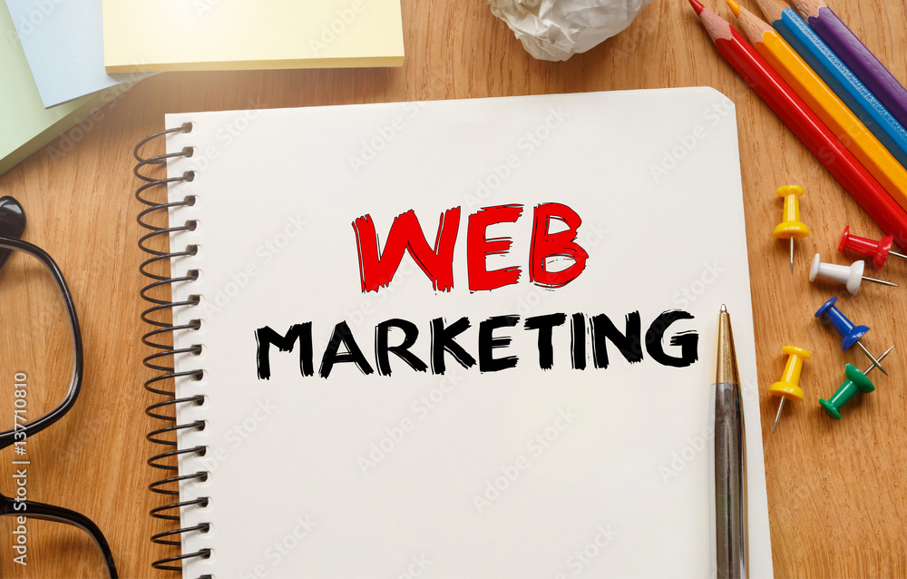 Poster notebook with toolls and notes about web marketing