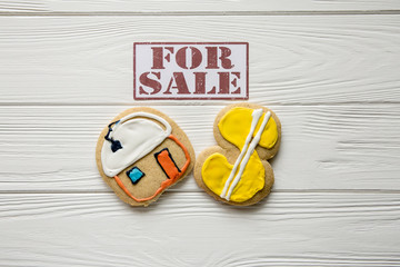 For sale realty theme and advertising set on white wooden background