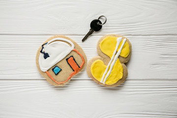 Realty theme and advertising set on white wooden background