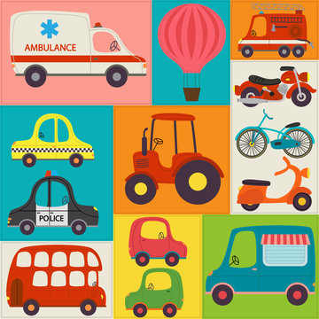 seamless pattern with fun transports - vector illustration, eps
