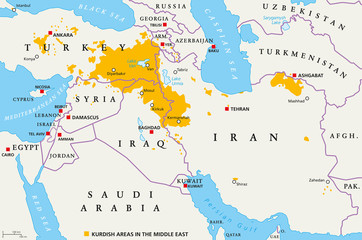 Kurdish areas in the Middle East, political map. Countries with their apitals, national borders and important cities. Kurdish areas in orange color. Illustration with English labeling. Vector.