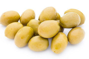 Green big olives on the white background.
