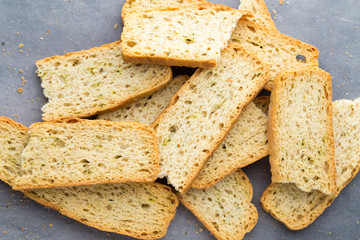 Garlic and herb bread slices. Eco food.