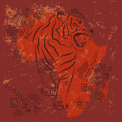 Tribal African design. Silhouette of angry tiger. Ethnic and ancient ornament.