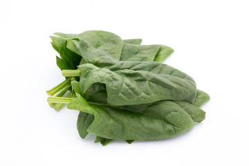 Fresh leaves of spinach on the white background.