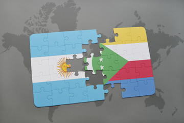 puzzle with the national flag of argentina and comoros on a world map
