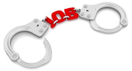 Job as limiter of freedom. Steel handcuffs with red word "JOB" instead of a chain