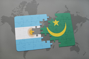 puzzle with the national flag of argentina and mauritania on a world map