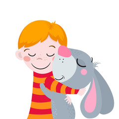 Best friends. Cute cartoons boy and rabbit. Suitable for Easter design. Vector illustration isolated for banners, site, card, calendar