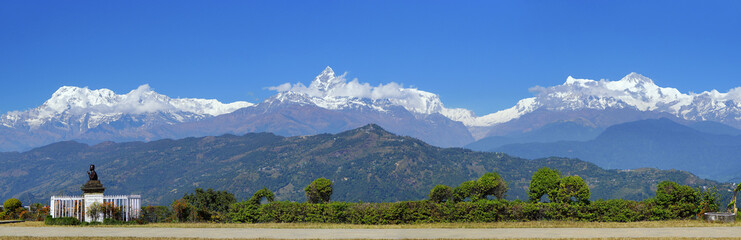 Aerial view to Annapurna range from World Peace Pagoda in Pokhara, Nepal