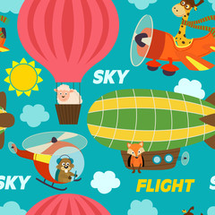 seamless pattern air transports with animals - vector illustration, eps