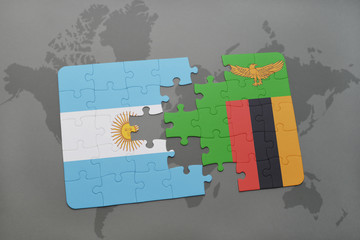 puzzle with the national flag of argentina and zambia on a world map