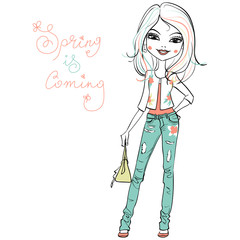 Hand drawn cute beautiful girl in jeans and a white jacket with a flower pattern