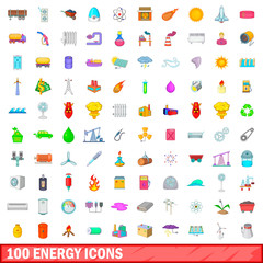 100 energy icons set, cartoon style