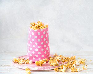 Sweet caramel popcorn in a bag
