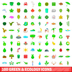 100 green and ecology icons set, cartoon style