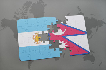 puzzle with the national flag of argentina and nepal on a world map