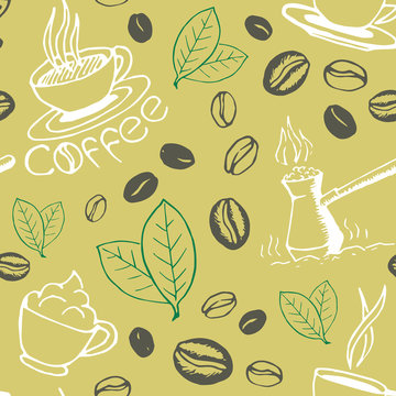 Fototapeta Coffee Hand Drawn Seamless Pattern