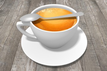 3D cup of coffee on wooden background.