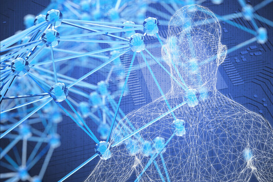 Blockchain network , Artificial intelligence (ai), Machine learning , deep learning , robot age and neural networks concept. Wireframe of human , circuit boards and atom background. 3d Rendering