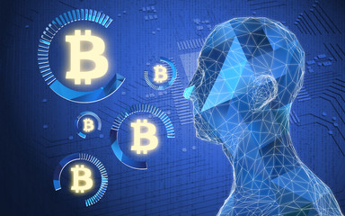 Fintech Financial Technology concept image. Digital currencies , cryptocurrency , digital money and bitcoin concept. Wireframe of human , circuit boards. 3d Rendering