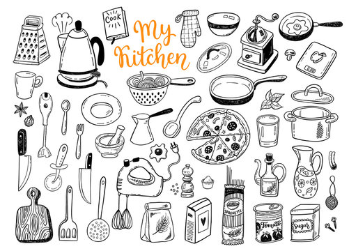 Kitchen utensils, cooking stuff hand drawn sketch set, collection of a funny isolated vector doodles.