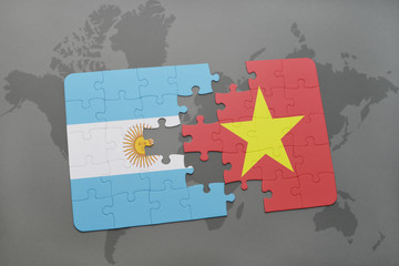 puzzle with the national flag of argentina and vietnam on a world map