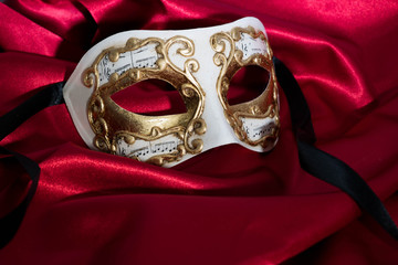 White and Gold Mask on Red Satin