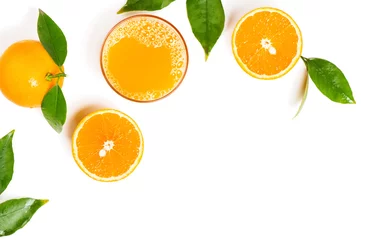Printed kitchen splashbacks Juice Orange juice in glass and fruits.