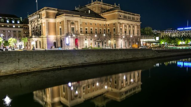 Time Lapse Tilt of The Royal Swedish Opera building at night
