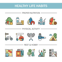 Healthy lifestyle habits colorful line vector icons isolated. Proper nutrition fruit vegetables water seafood. Physical activity sport outdoor exercise fitness. Rest and hobby sleep reading spa.