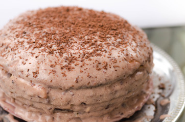 Delicious vegan chocolate cake. Selective focus.