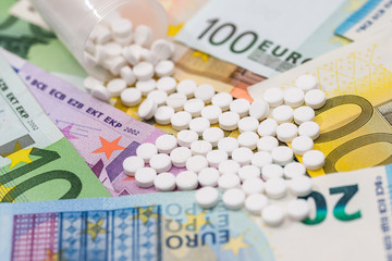 different pills above euros bills. close up.