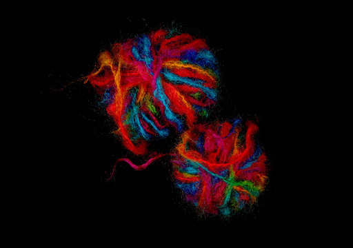 Two balls of multicolored wool on a black background