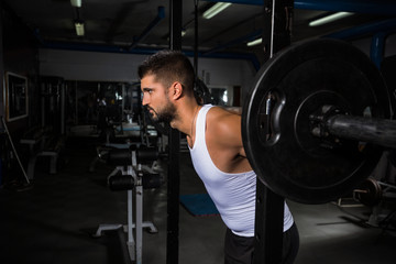 Fototapeta na wymiar Muscular young man is working out in gym