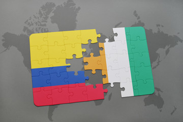 puzzle with the national flag of colombia and cote divoire on a world map