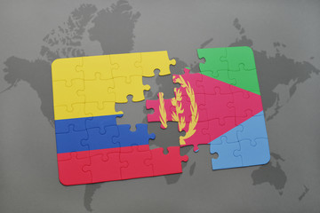 puzzle with the national flag of colombia and eritrea on a world map