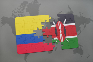puzzle with the national flag of colombia and kenya on a world map