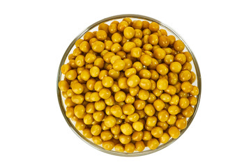 Glass bowl of pickled green pea on white