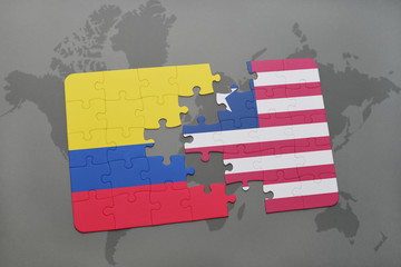 puzzle with the national flag of colombia and liberia on a world map