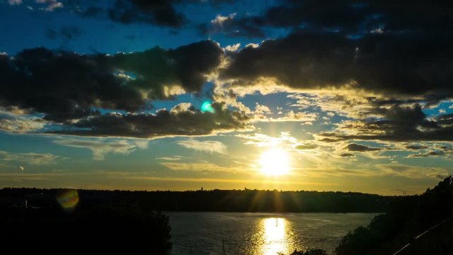 Time Lapse of sunset over lake. Clouds and blue sky