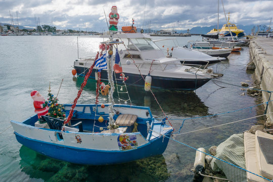  Boat Decorated For Christmas In The Port Of Aegina, Greece.