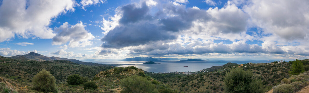 Landscape of mountains and sea on Aegina island, Greece.