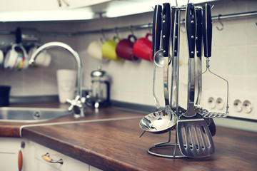 Kitchen utensils on  work top