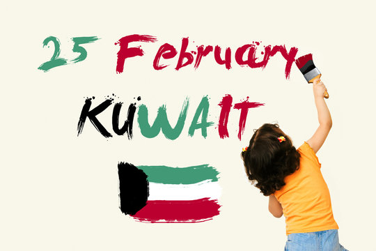 Cute little girl writing KUWAIT National Day25 February with Kuwait Flag using painting brush on wall background