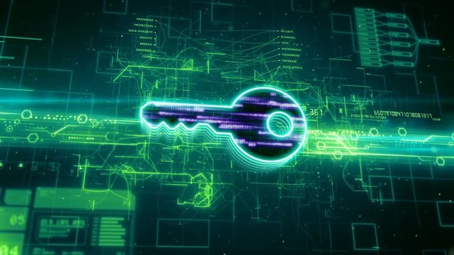 Abstract animation of key icon in digital cyberspace
