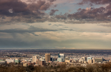 Boise skyline on a winter morning wiith dramatic clouds