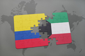 puzzle with the national flag of colombia and kuwait on a world map